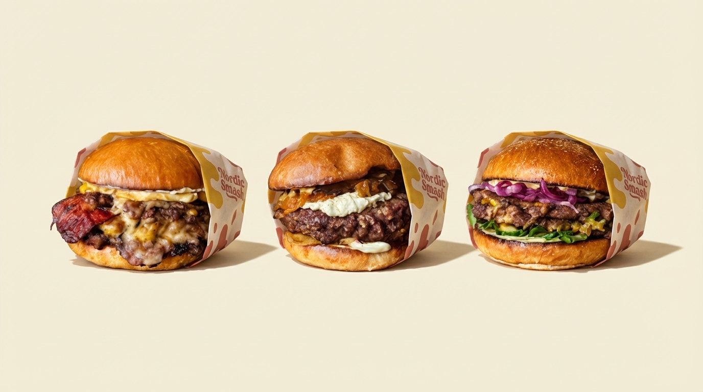A Wide Facebook Cover Image With Three Nordic Smash Burgers Placed Side By Side On A Clean Cream Ba 0Pwwmrgw0hd9qzh4kulf 0