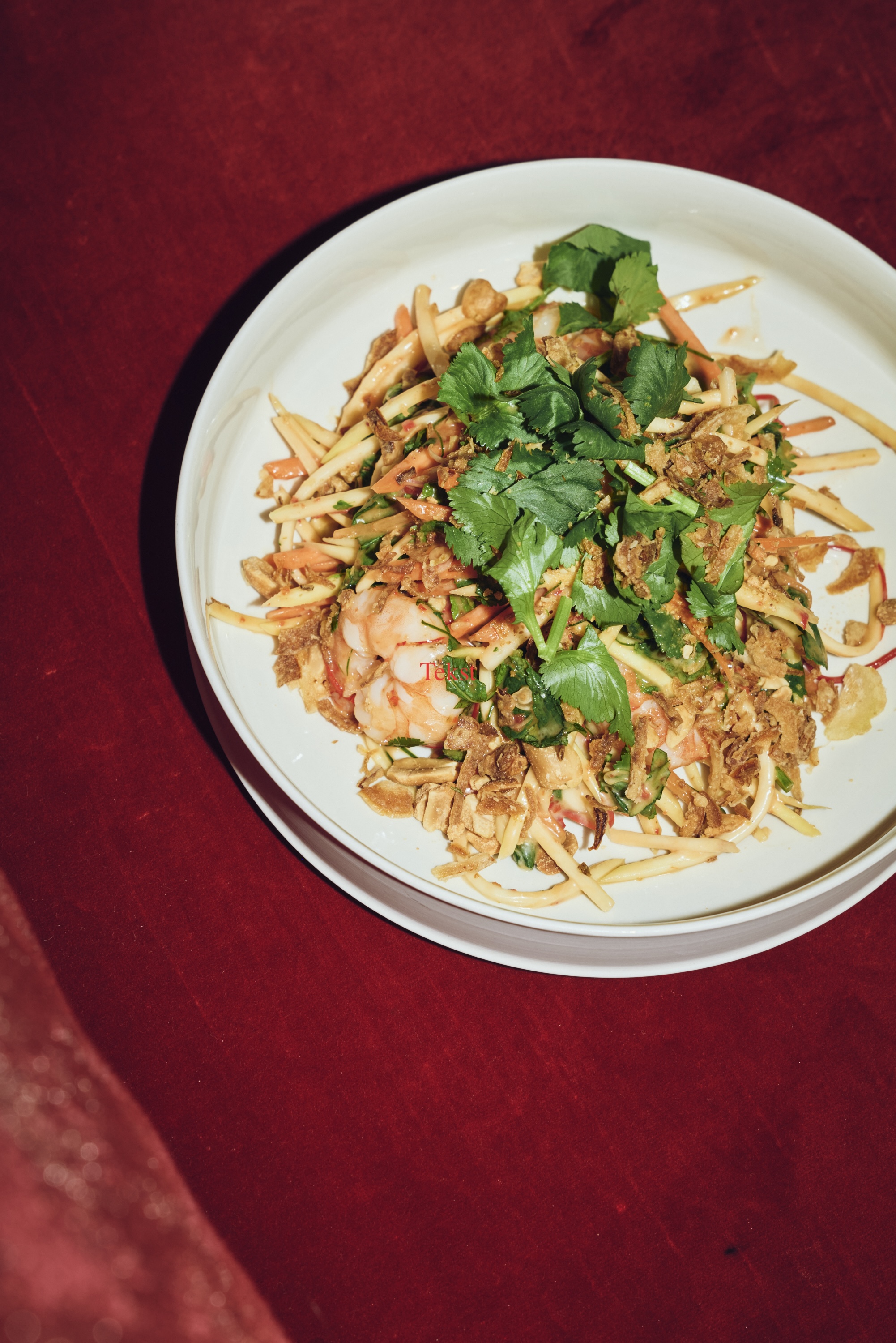 Prawns, Mango, Coconut, Coriander, Mint, Crispy Onions, Peanuts