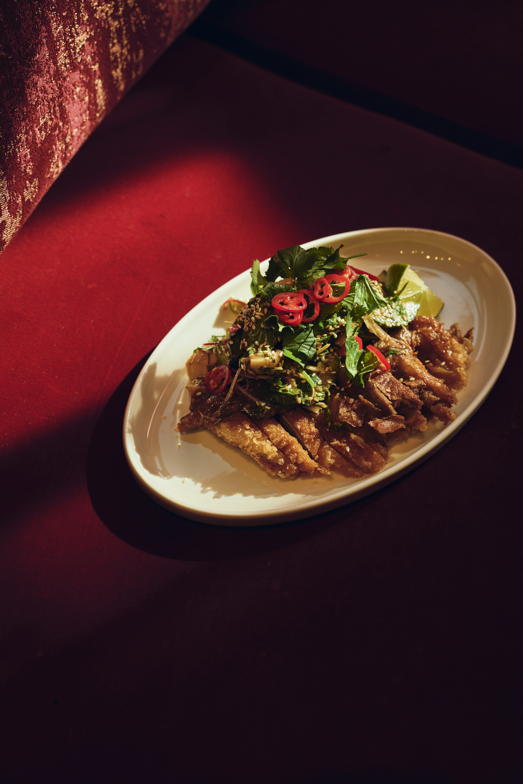 Crispy Duck, Cucumber, Sesame Tamarind Dressing, Coriander, Chili