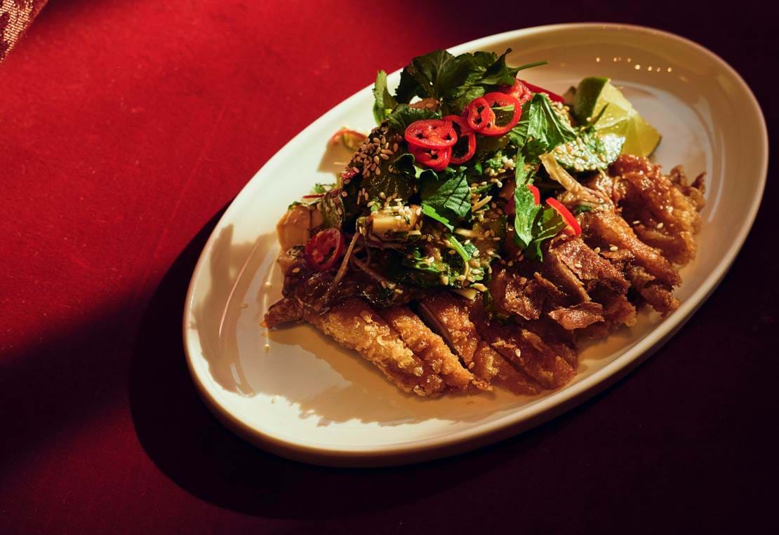 Crispy Duck, Cucumber, Sesame Tamarind Dressing, Coriander, Chili
