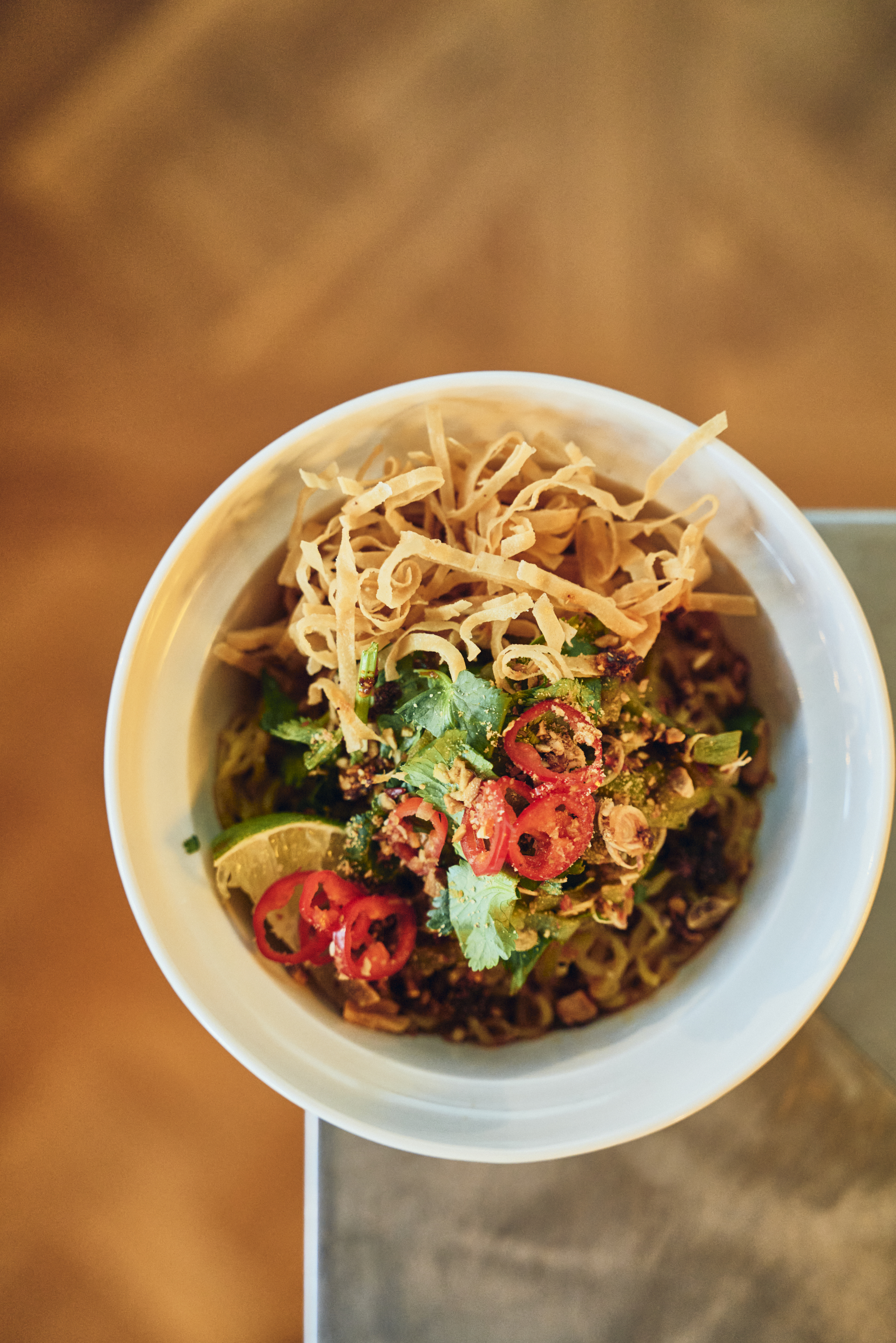 Spicy Ramen, Tom Yum, Roated Green Pepper, Coriander, Peanut Crunch, Lime