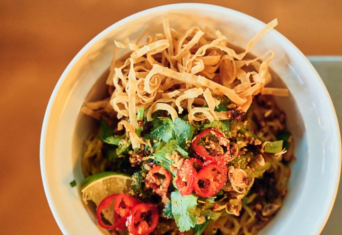 Spicy Ramen, Tom Yum, Roated Green Pepper, Coriander, Peanut Crunch, Lime