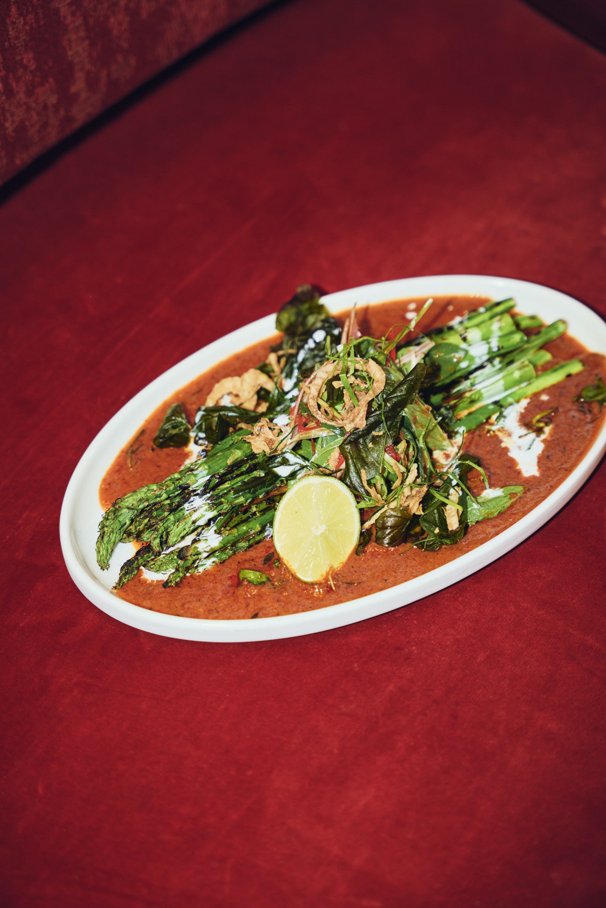 Grilled Asparagus, Red Curry, Thai Basil, Coconut Cream, Crispy Onion