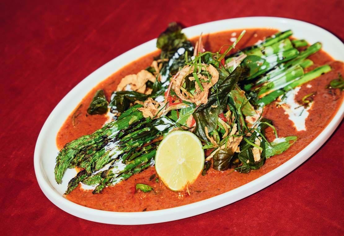 Grilled Asparagus, Red Curry, Thai Basil, Coconut Cream, Crispy Onion
